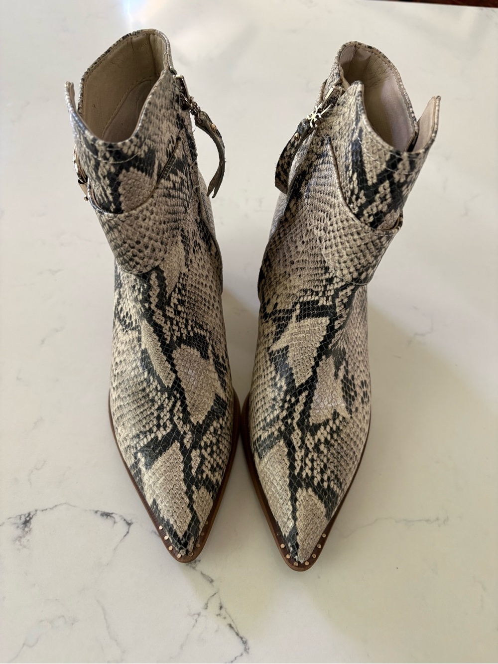 Sam Edelman Snake-Print Pointed Toe Ankle Boots - Beige & Black